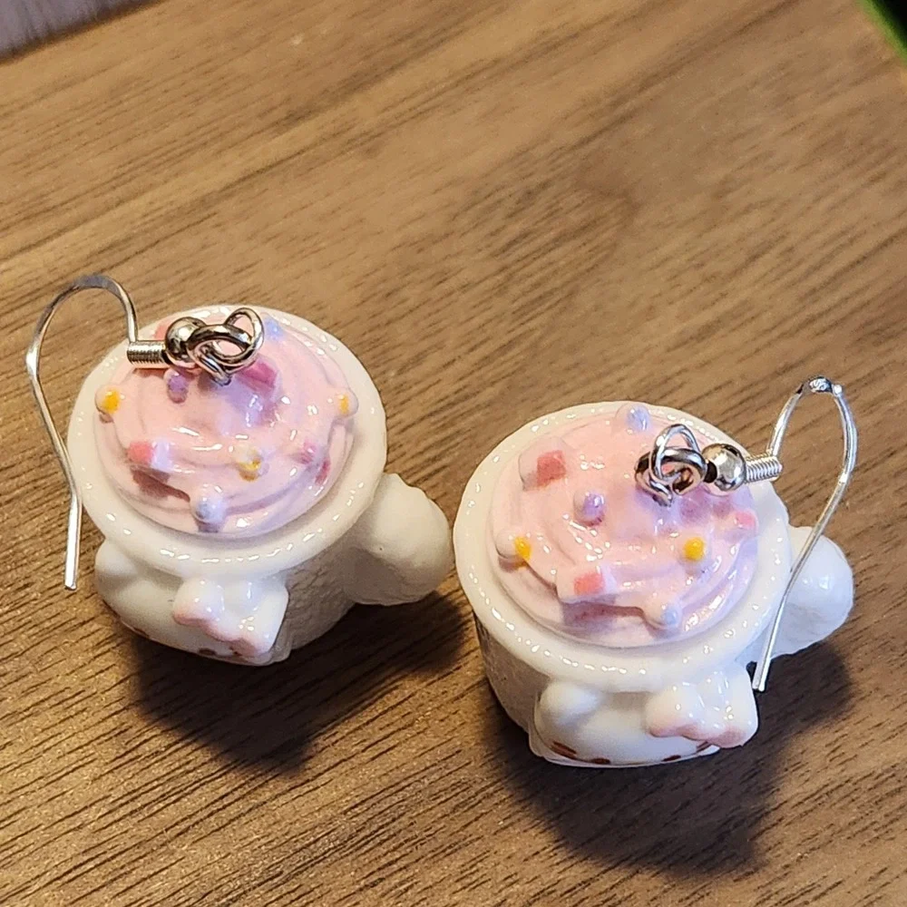 White Kitty Miniature Mug Resin‎ Drop Earrings Pink Whipped Cream Jewelry